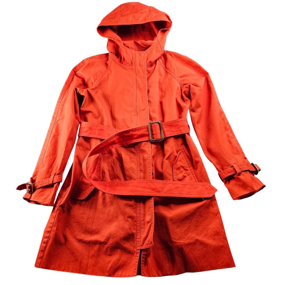 J.CREW Matinee Trench Coat Womens 00 Orange Belt Waist Long Sleeve Hooded Zip-Up